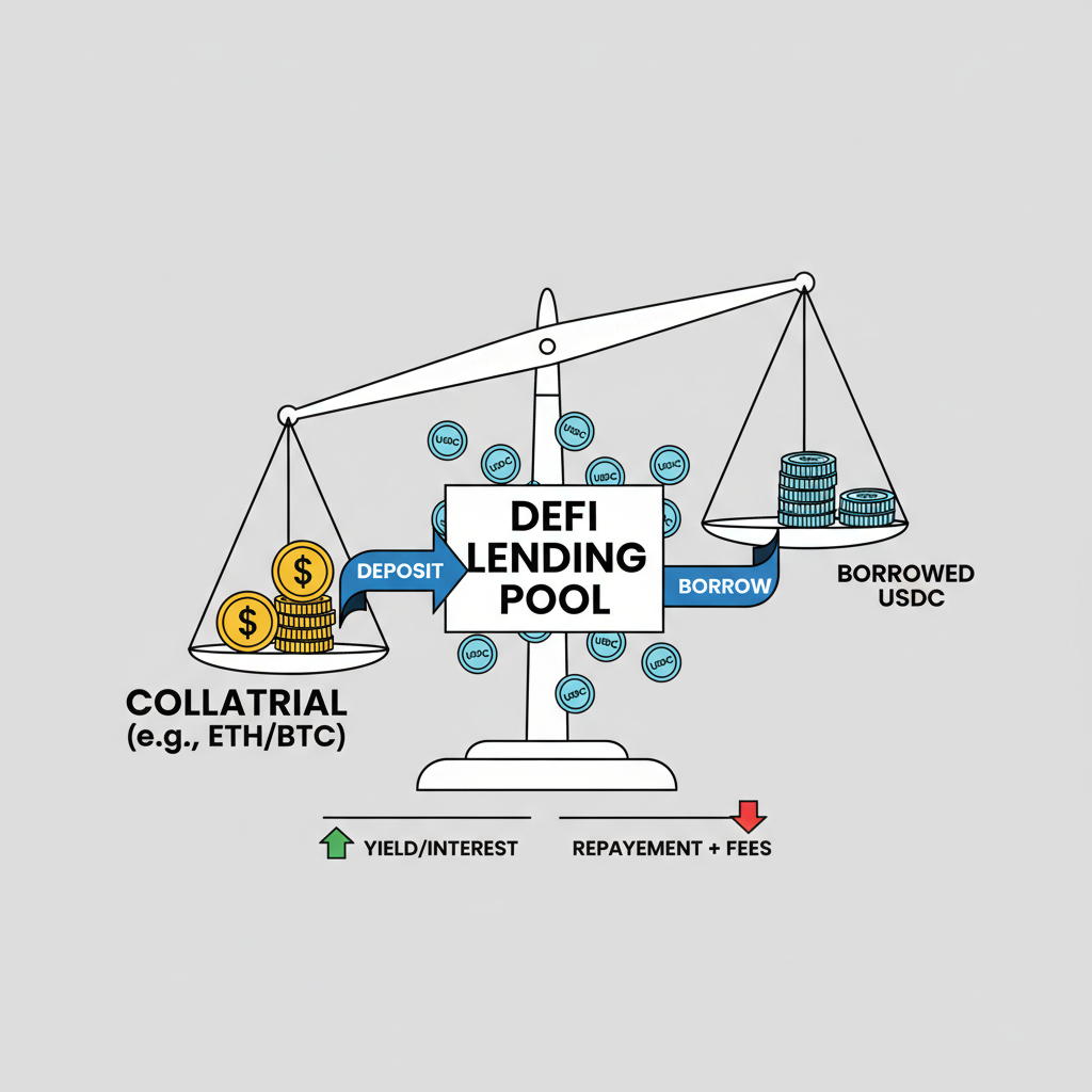 borrowing USDC from DeFi pool, stablecoin flow, balanced scale collateral