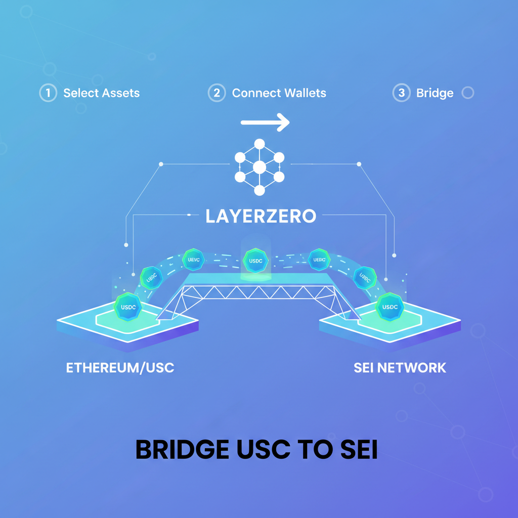 futuristic blockchain bridge transferring USDC to Sei network via LayerZero, glowing assets crossing chains