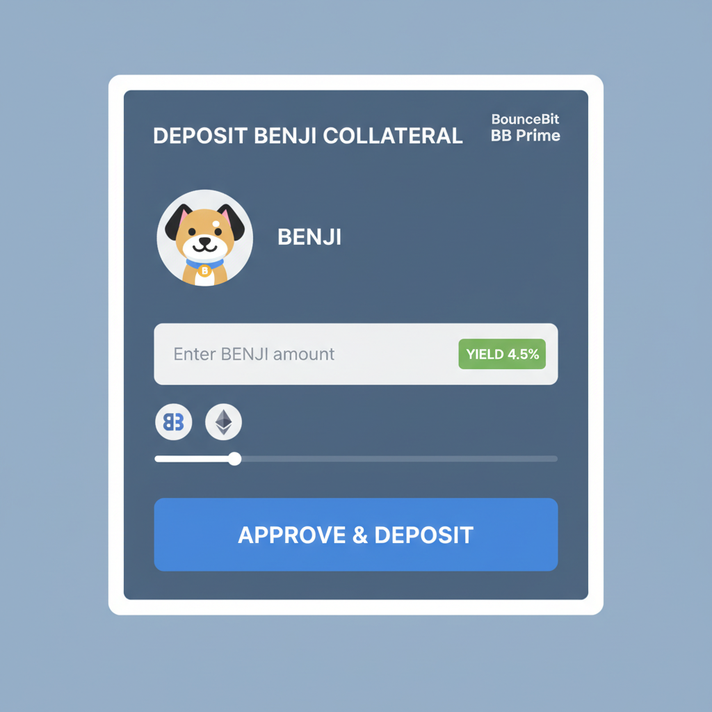 deposit BENJI collateral interface on BounceBit BB Prime, input field with tokens, yield badge 4.5%