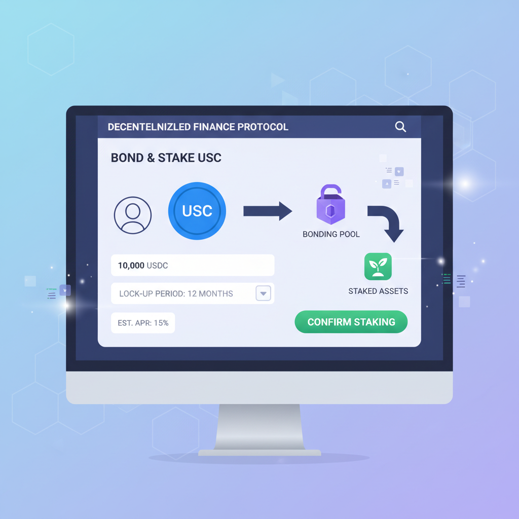 yield accruing on bonded USDC visualization, creator dashboard claiming interest, rising charts blockchain style