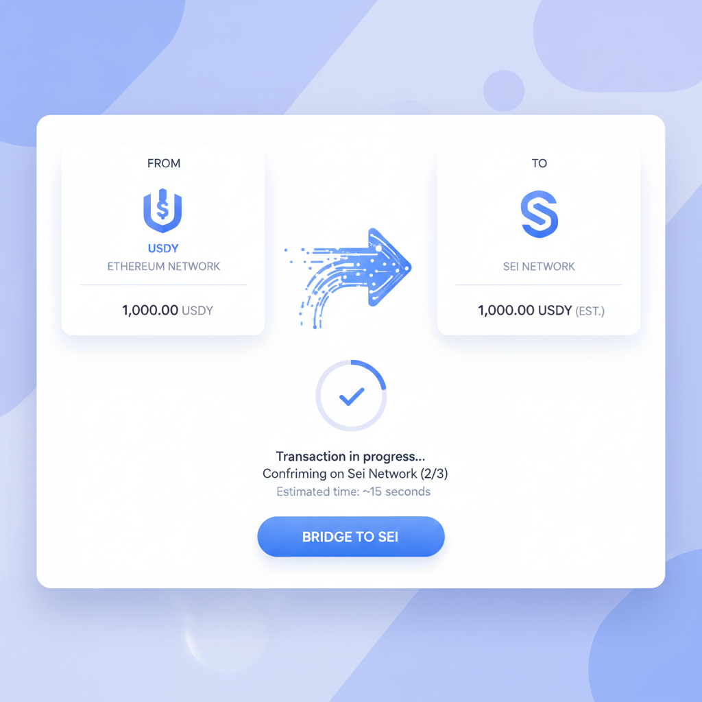 sleek UI screenshot of LayerZero bridge depositing USDY to Sei network, modern crypto interface, blue tones, fast transaction animation