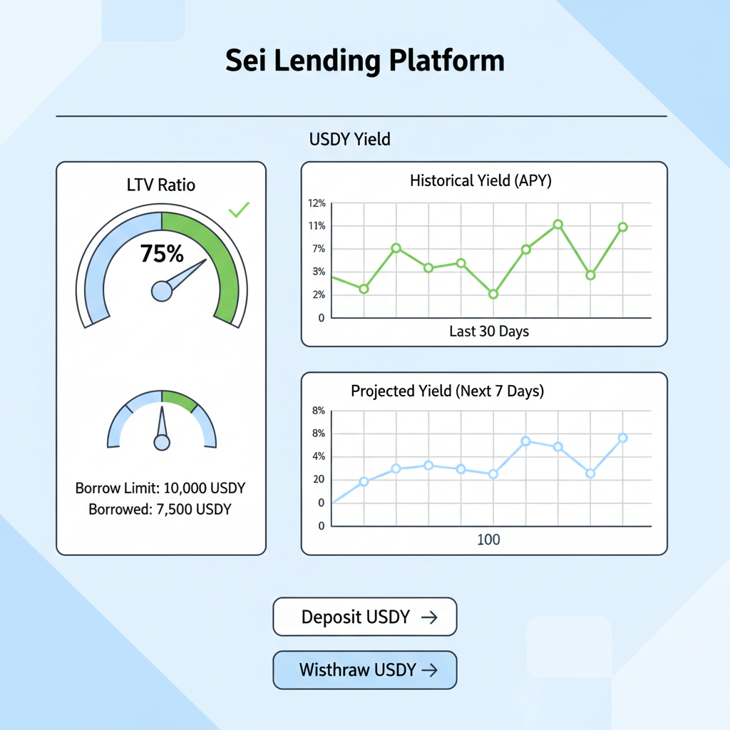 monitoring dashboard with LTV gauge, yield charts for USDY on Sei lending platform