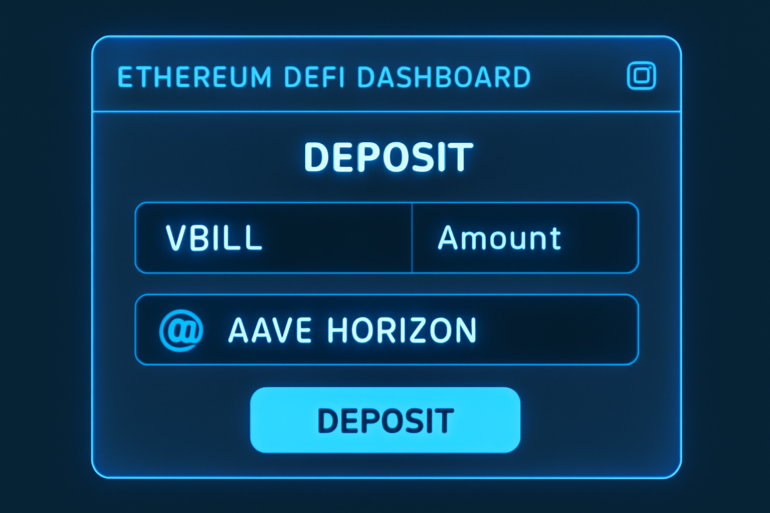 Ethereum DeFi dashboard, depositing VBILL tokens into Aave Horizon vault, blue glowing interface, professional finance style