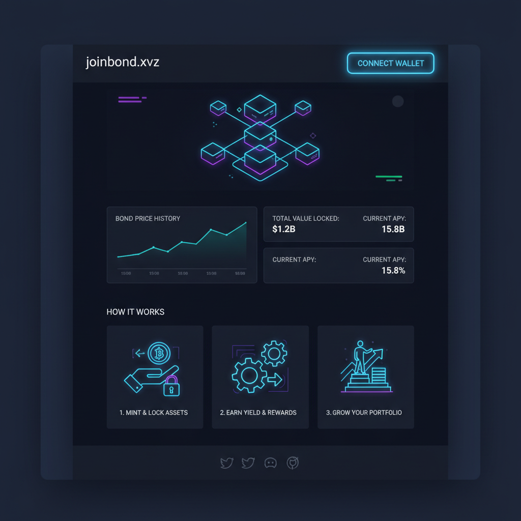 modern DeFi website joinbond.xyz homepage with glowing wallet connect button, crypto user interface, neon blockchain aesthetics