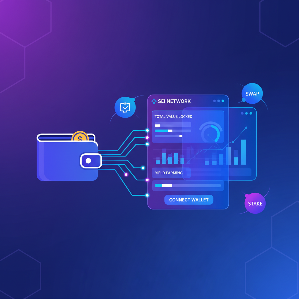 wallet icon connecting to Sei network dashboard, DeFi interfaces glowing, modern crypto UI, vibrant blues and purples